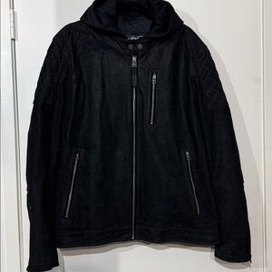 Christmas Sale Men’s Black Rivet Hooded Leather Jacket with 3 Zip Pockets XL